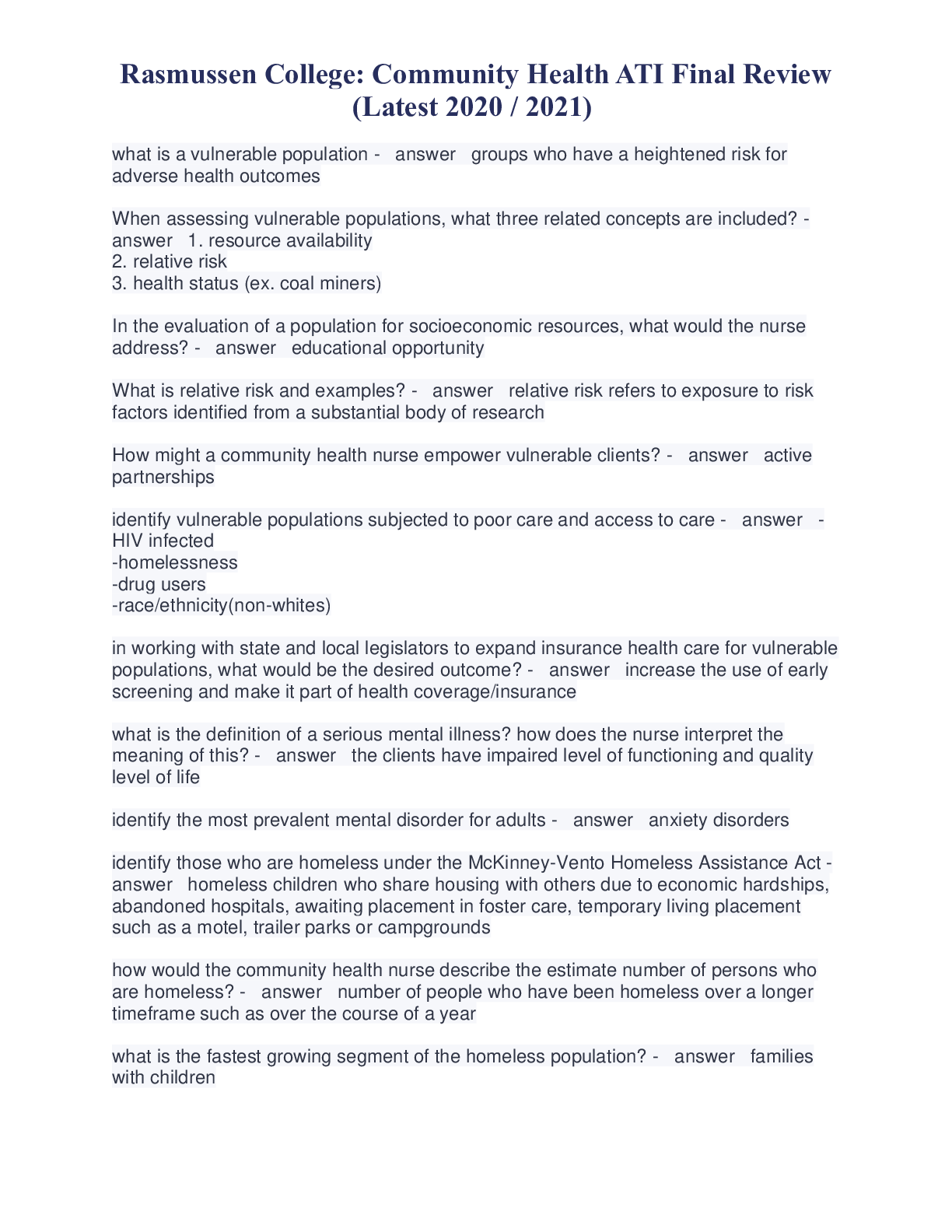 Preview image for Rasmussen College: Community Health ATI Final Review (Latest 2020 / 2021) 100% Correct.